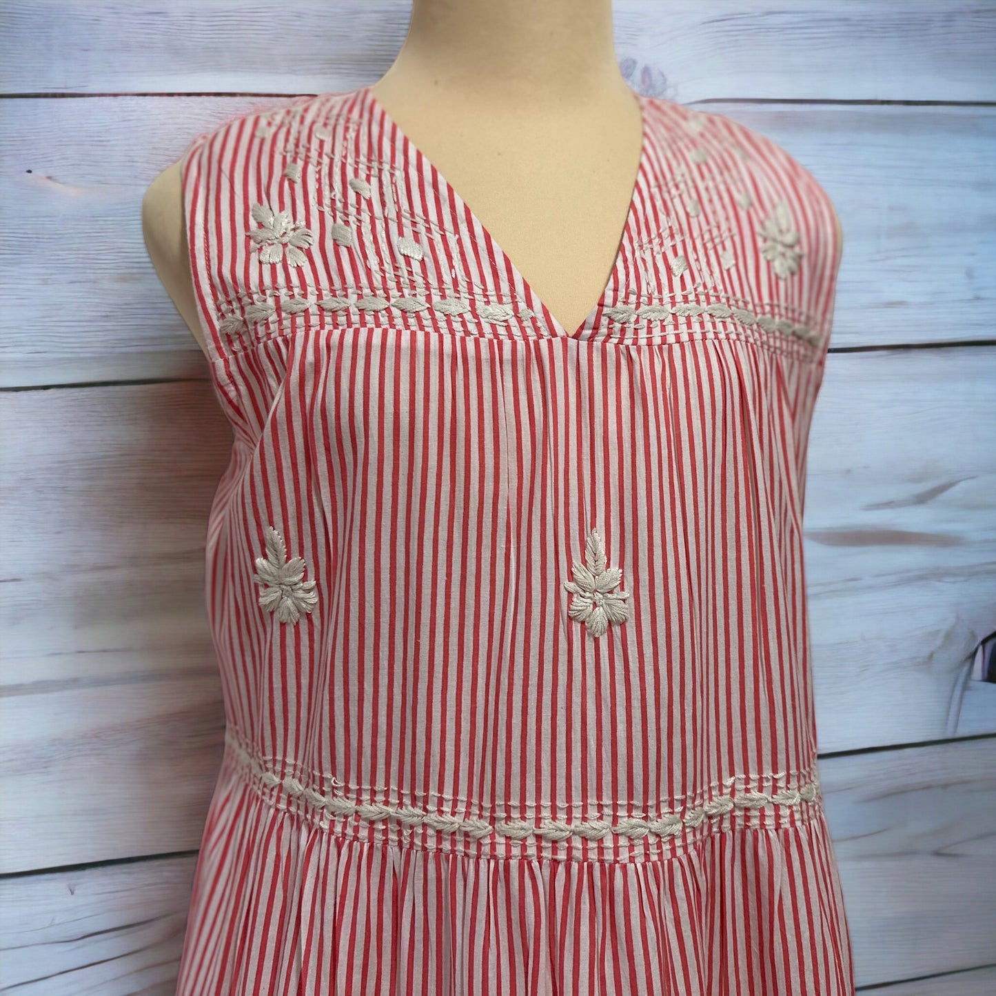 <LUMINE Collab> Stripe Block Wide Dress with Lucknow Embroidery - ストライプブロックプリントの刺繍ワイドワンピース