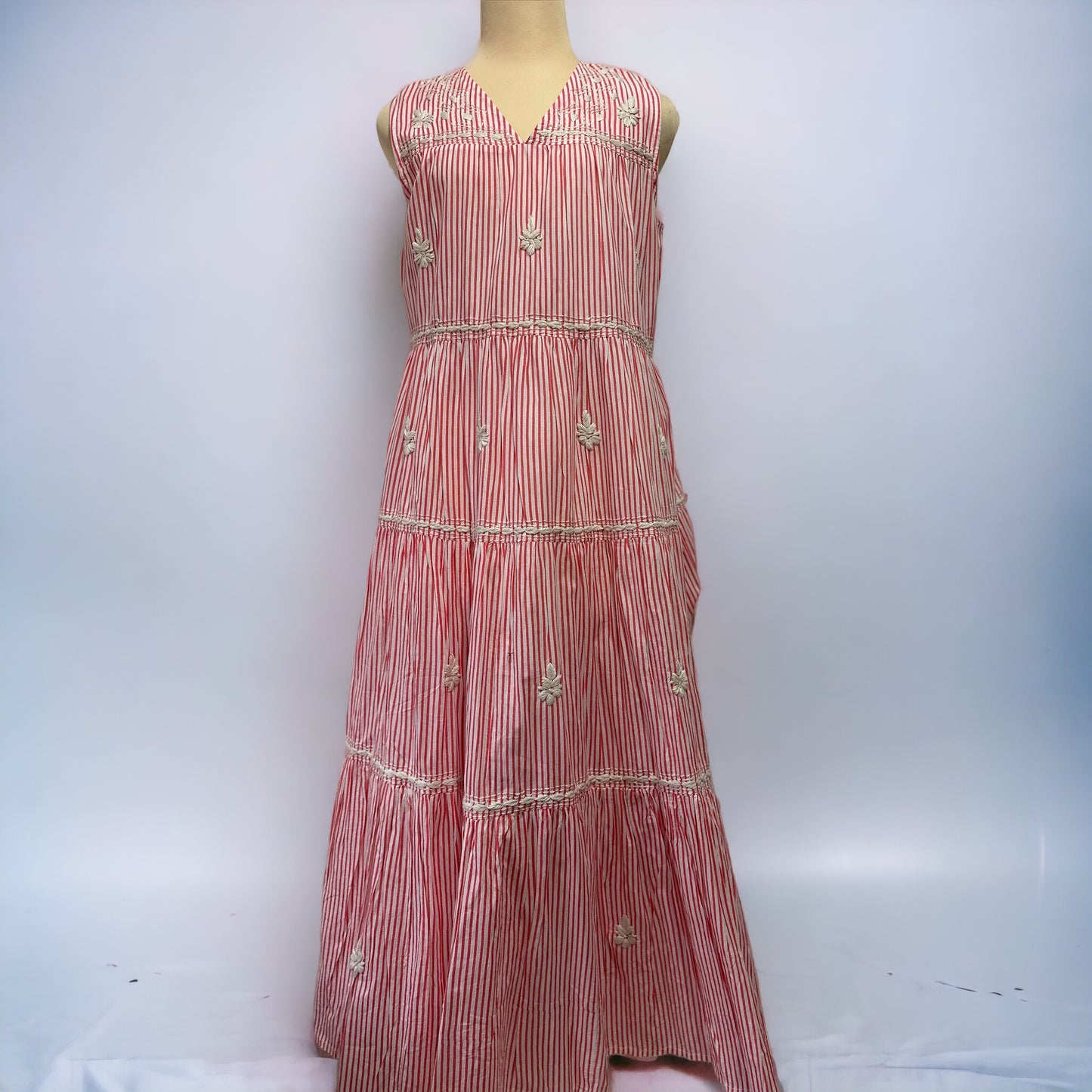 <LUMINE Collab> Stripe Block Wide Dress with Lucknow Embroidery - ストライプブロックプリントの刺繍ワイドワンピース