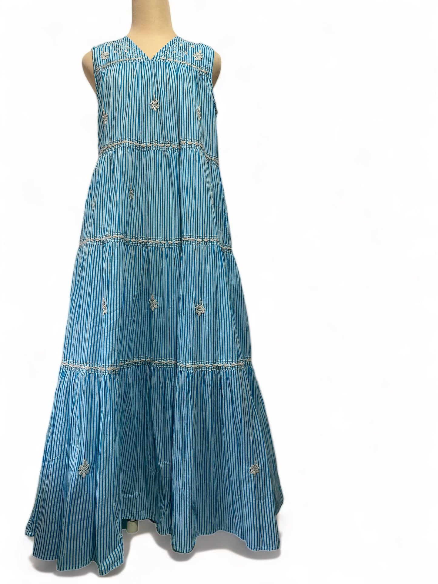 <LUMINE Collab> Stripe Block Wide Dress with Lucknow Embroidery - ストライプブロックプリントの刺繍ワイドワンピース