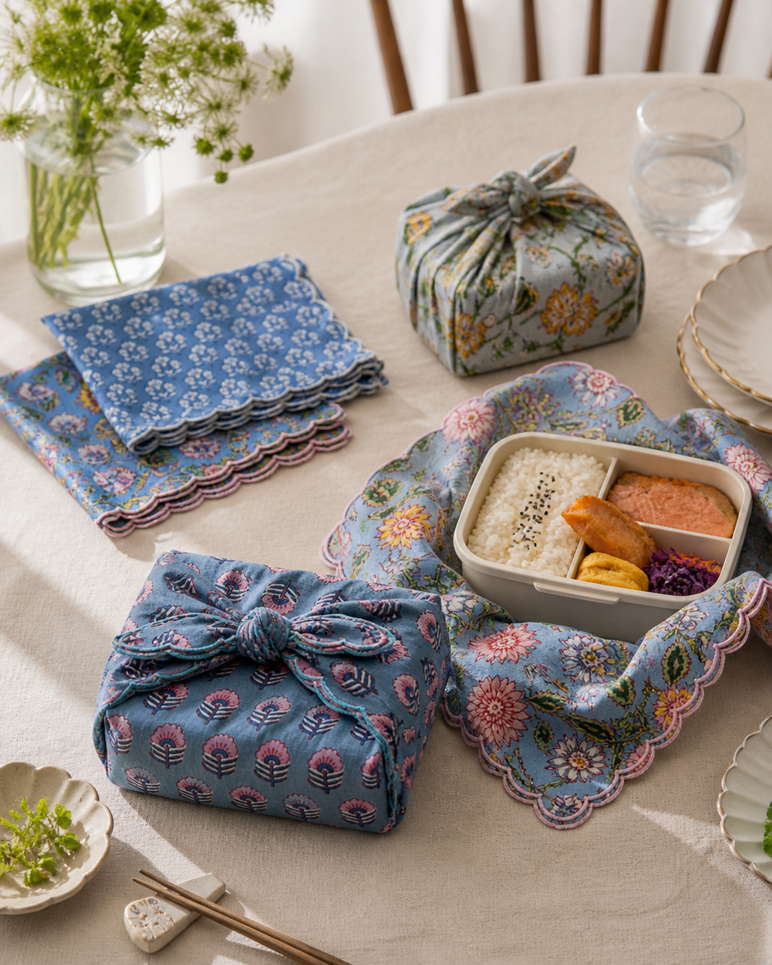 NEW Block Print Embroidery Napkins 縁刺繍ハンカチ