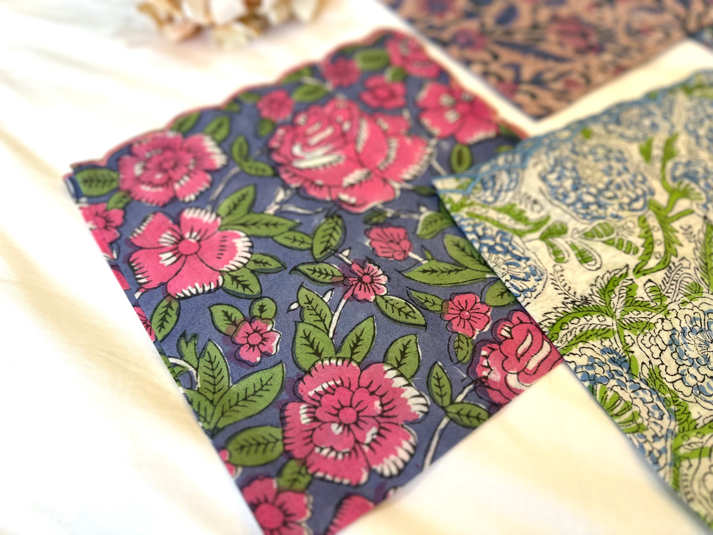 NEW Block Print Embroidery Napkins 縁刺繍ハンカチ